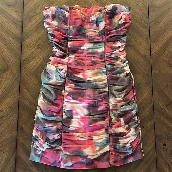 Strapless Bodycon Mini Abstract Floral Ruched Tulle Sz 0 - Picture 4 of 11